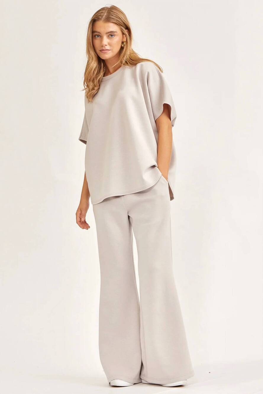 Women's Relaxed Short-Sleeve Top & Wide-Leg Pant Set - Light Taupe
